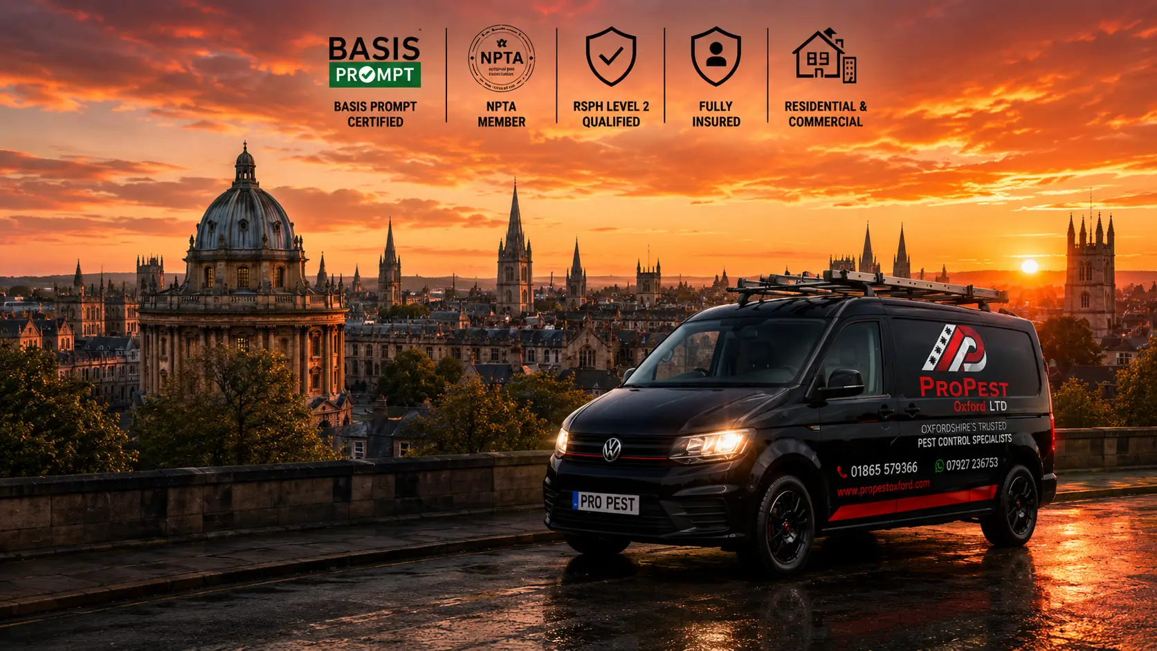 Oxford skyline with ProPest Oxford Ltd pest control van at sunset