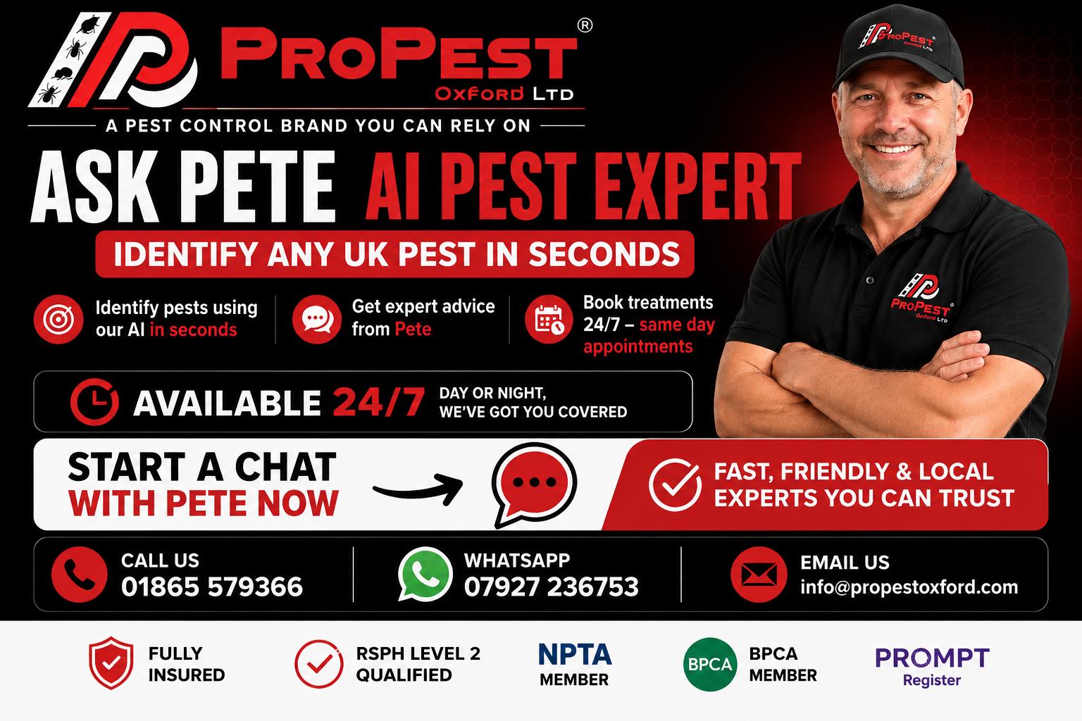Ask Pete AI Pest Expert by ProPest Oxford Ltd – upload a photo of any UK pest for instant AI identification and expert pest control advice