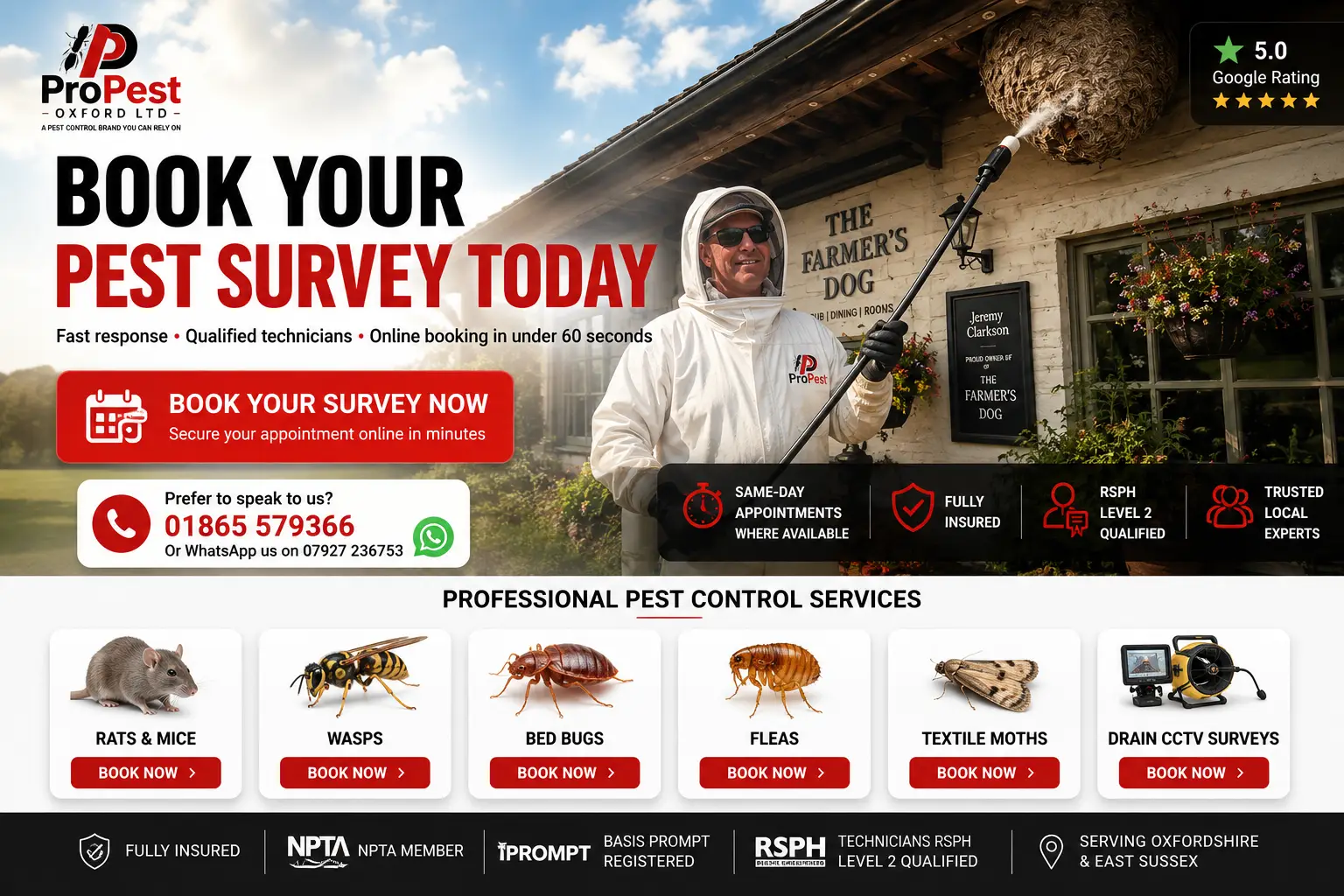 Book pest control online with ProPest Oxford Ltd – instant online booking for pest surveys, wasp nest removal, rodent control and more.