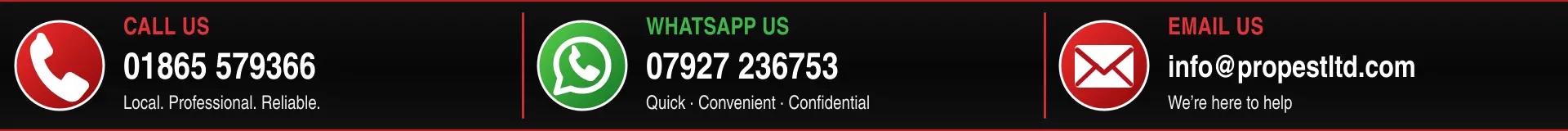 Thin ProPest Oxford contact banner displaying telephone, WhatsApp and email details